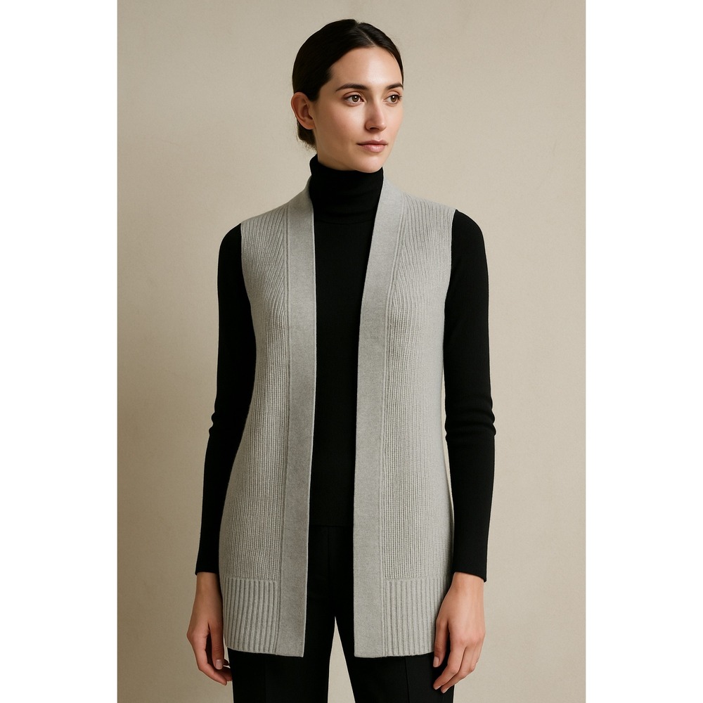 Max Studio Knit Sweater Vest Sleeveless Cardigan Duster Gray‎ Medium Old Money